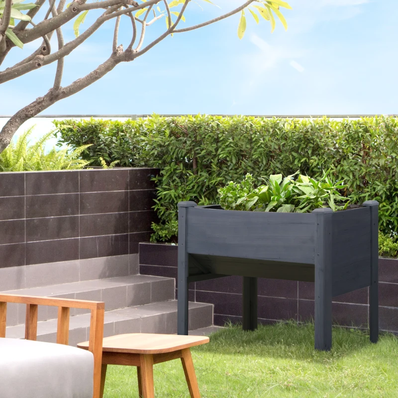Outsunny 48" Fir Wood Raised Garden Bed with Tool Hooks, Elevated Planter Box Stand with Unique Funnel Design for Backyard, Gray