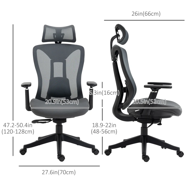Vinsetto Ergonomic Office Chair with Adjustable Headrest, Lumbar Support, 3D Armrest, Mesh Computer Desk Chair with High Back, Swivel Reclining Seat with Tilt Function, Grey