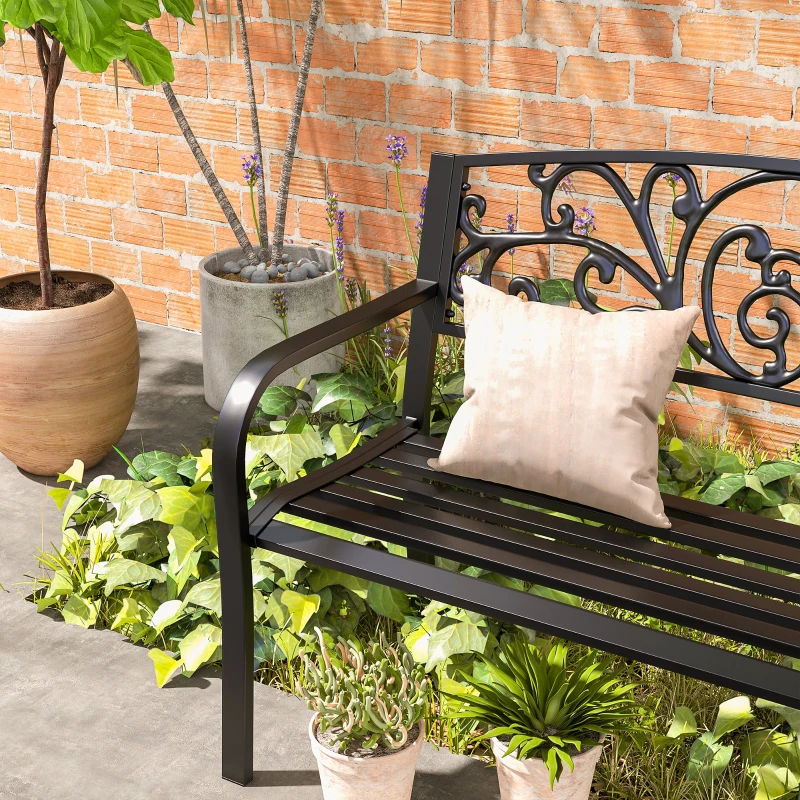 Outsunny 50" Outdoor Bench, Metal Garden Bench with Floral Pattern Backrest, Porch Bench with Slatted Seat for Park, Yard, Lawn, Black