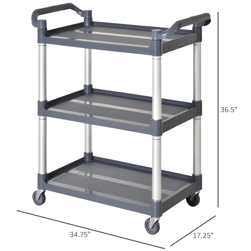 HOMCOM 3-Tier Utility Cart Large Rolling Storage Trolley with 3 Shelves Metal Clean Service Cart, Restaurant, Hotel, Livingroom, Silver and Grey