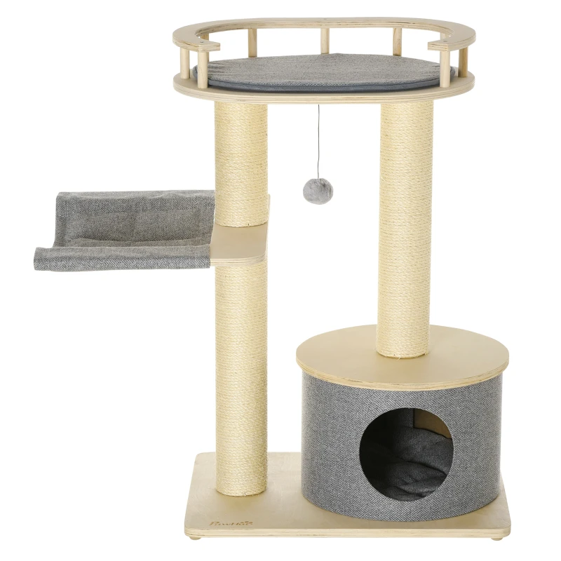 PawHut 35" Cat Tree, Kitty Activity Centre, Wooden Cat Climbing Toy, Cat Tower with Cat Bed Hammock Condo Washable Cushion Hanging Ball Toy Sisal Scratching Post, Natural