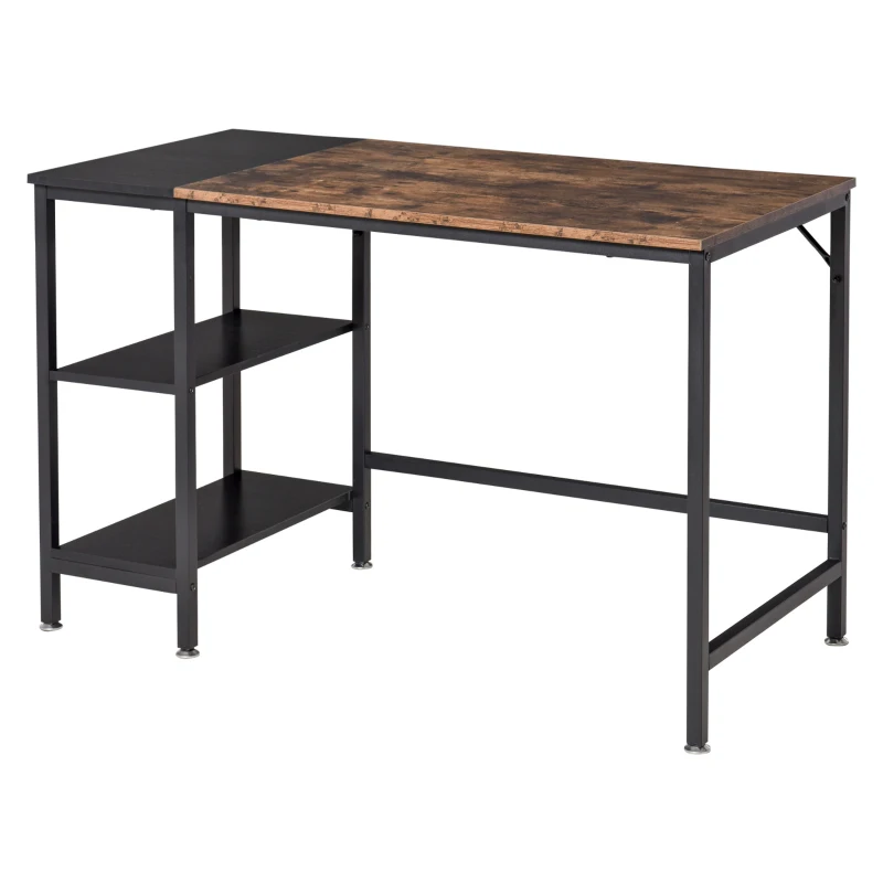 HOMCOM Computer Desk with Storage Shelves, Home Office Desk for Study, Writing, Side Rack on Left or Right, Steel Frame, Rustic Brown