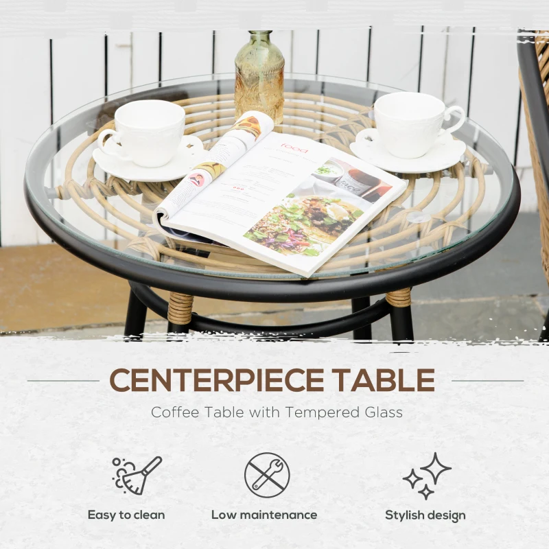 Outsunny 3 Piece Patio Set, Outdoor Bistro Furniture, PE Rattan Wicker Table and Chairs, Cushioned, Barrel Style, Gray