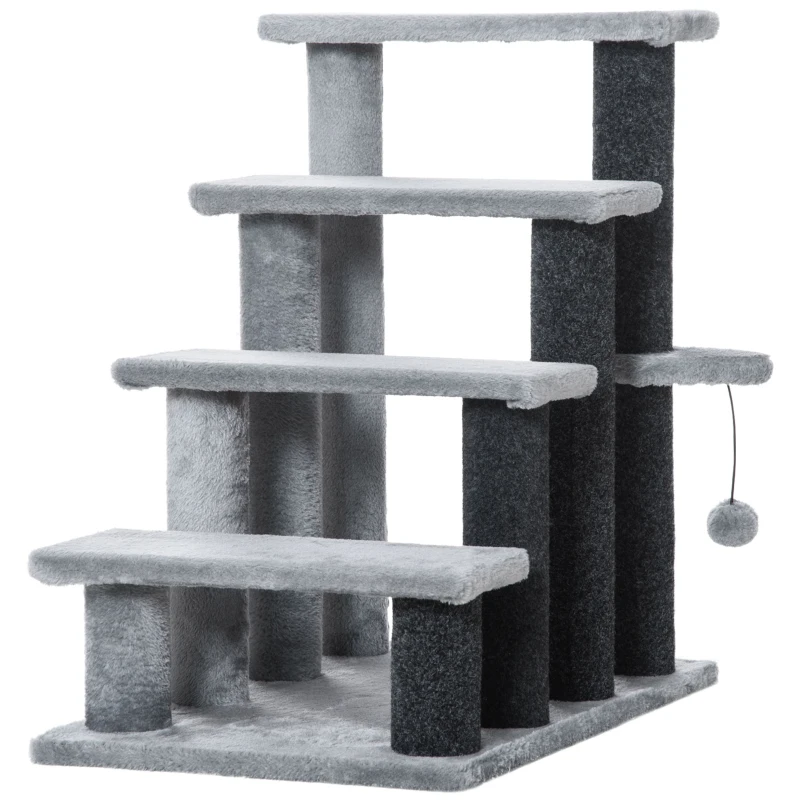 PawHut Cat Stairs for Bed, Couch 4 Steps, Small Cat Tree for Indoor Cats with Scratching Posts Toy Ball, 23.5" x 16" x 25"