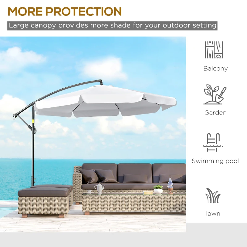 Outsunny 11FT Offset Hanging Patio Umbrella Cantilever Umbrella with Easy Tilt Adjustment, Cross Base and 8 Ribs for Backyard, Poolside, Lawn and Garden, White