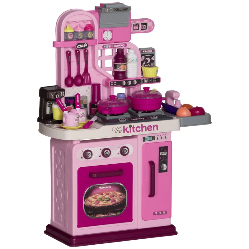 Qaba Kids Play Kitchen with Lights, Sounds, 33 Accessories & Storage for Toddler 3-6 Years
