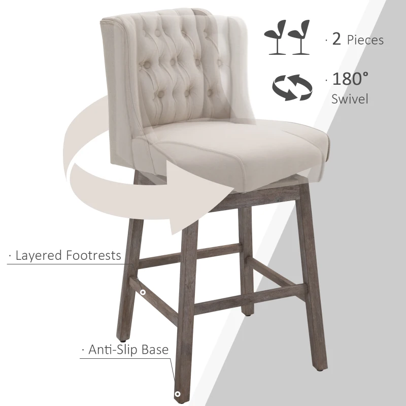 HOMCOM Bar Height Bar Stools Set of 2, 180 Degree Swivel Barstools with Solid Wood Footrests and Button Tufted Design, 30" Seat Height Bar Chairs for Kitchen Island, Beige
