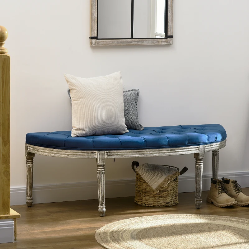 HOMCOM Vintage Semi-Circle End of Bed Bench, Upholstered Bedroom Entryway Bench with Tufted Velvet-Touch Fabric with Rubberwood Legs, Blue