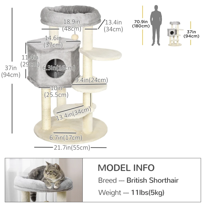 PawHut 37" Cat Tree for Indoor Cats, Cat Tower, Kitty Activity Center with Cat Bed Condo Hanging Ball Toys Sisal Rope Scratching Post, Light Grey