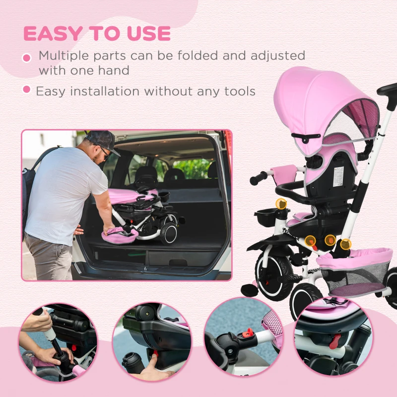 Aosom 6-in-1 Toddler Tricycle for 12-50 Months, Foldable Kids Trike with Adjustable Seat and Push Handle, Safety Harness, Removable Canopy, Footrest, Pink