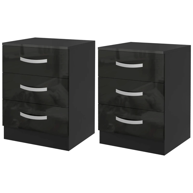 HOMCOM Bedside Table Set of 2, Modern Nightstand with Drawers and High Gloss Fronts, Night Table for Bedroom, Black