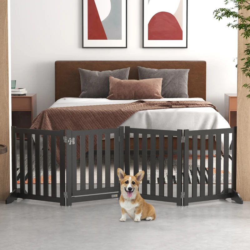 PawHut Foldable Dog Gate with Door, 4 Panels Fressstanding Pet Gate, Black