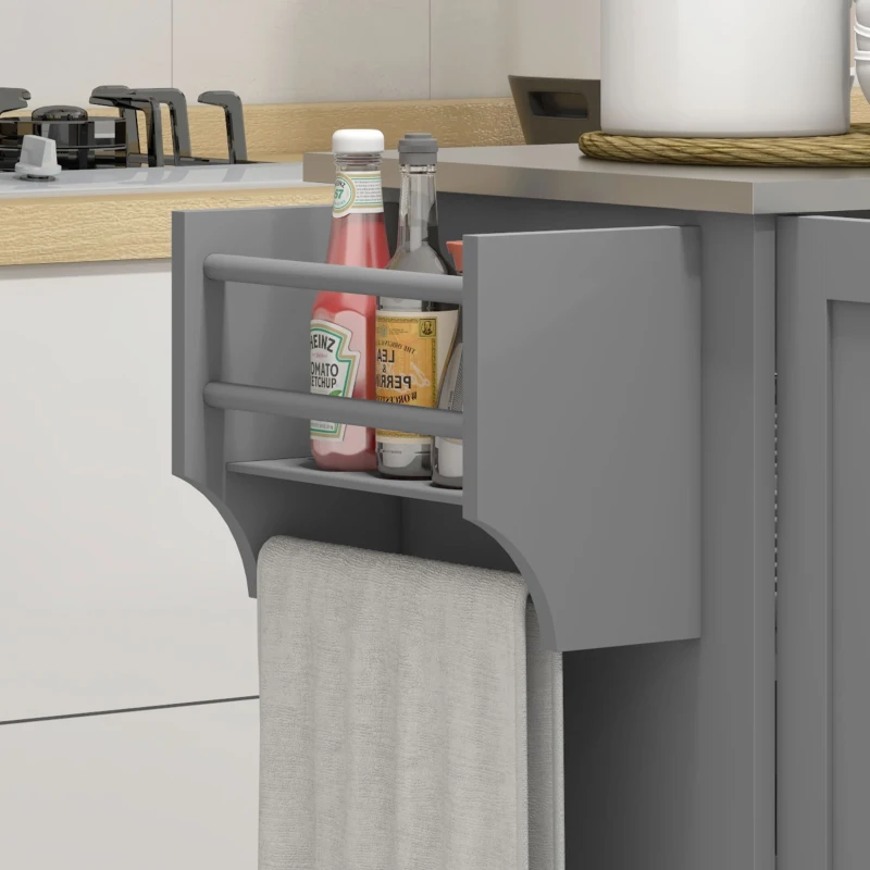 HOMCOM Kitchen Island with Wheels, Kitchen Island on Wheels with Drawer, 3 Cabinets, Stainless Steel Countertop, Gray