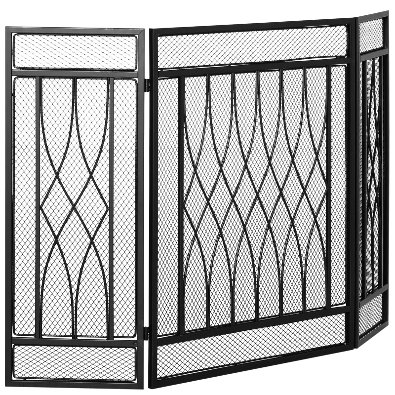 HOMCOM 3-Panel Folding Fireplace Screen, Metal Mesh Fire Spark Guard for Wood Burning, 49.5" x 31.5", Black