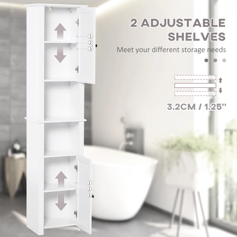 HOMCOM Tall Bathroom Storage Cabinet, Freestanding Linen Tower with 2-Tier Shelf and 2 Cabinets, Narrow Side Floor Organizer, White