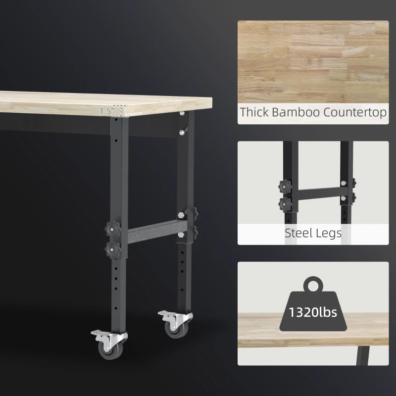 HOMCOM 47.25" Work Bench with Height Adjustable Legs, Bamboo Tabletop Workstation Tool Table on Wheels for Garage, Weight Capacity 1320 Lbs, Black/Natural