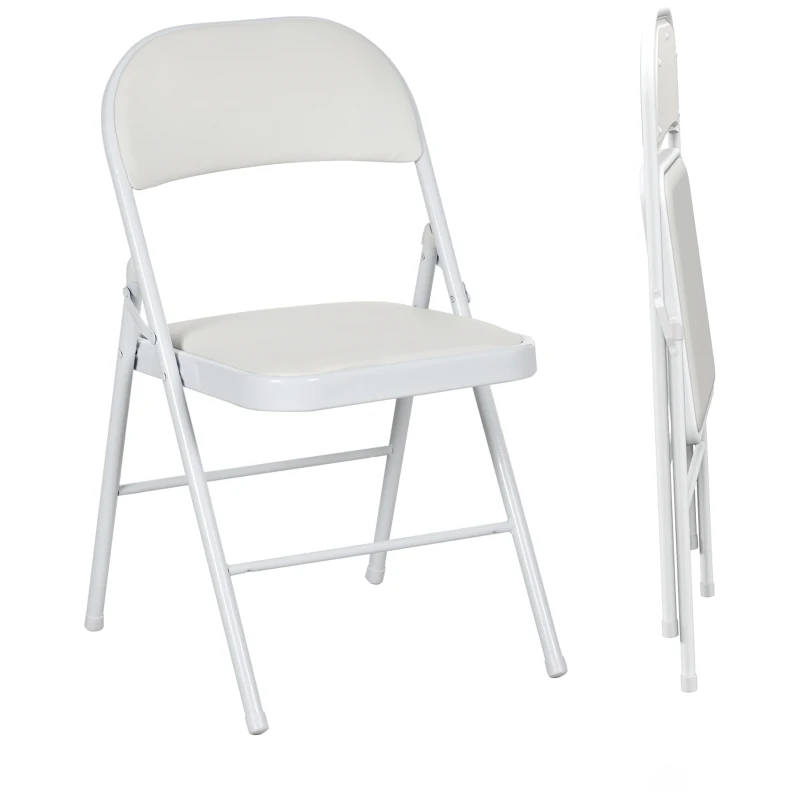 HOMCOM Set of 2 Metal Foldable Chairs, PU Leather Padded Folding Chairs with Cushion Seat and Open Back for Indoor, White