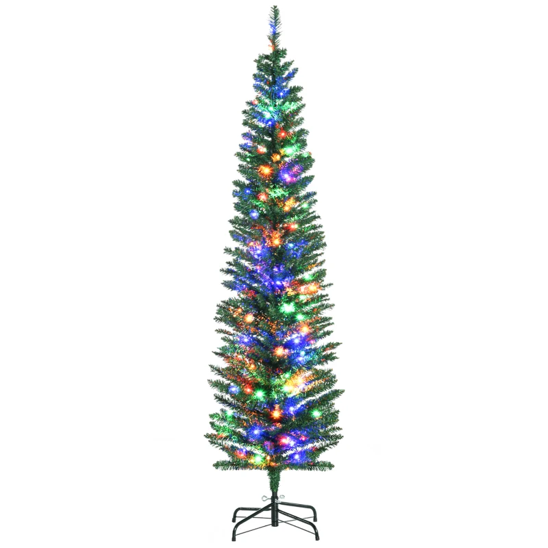 HOMCOM 6' Artificial Pencil Christmas Trees Holiday Decoration with Colorful LED Lights, Steel Base, Skinny Shape