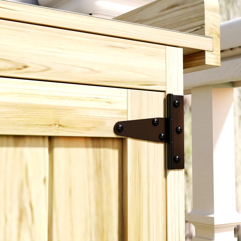 Outsunny Outdoor Storage Cabinet, Garden Tool Shed with Metal Tabletop, Shelf, Wooden Potting Bench with 2 Doors, Natural Wood