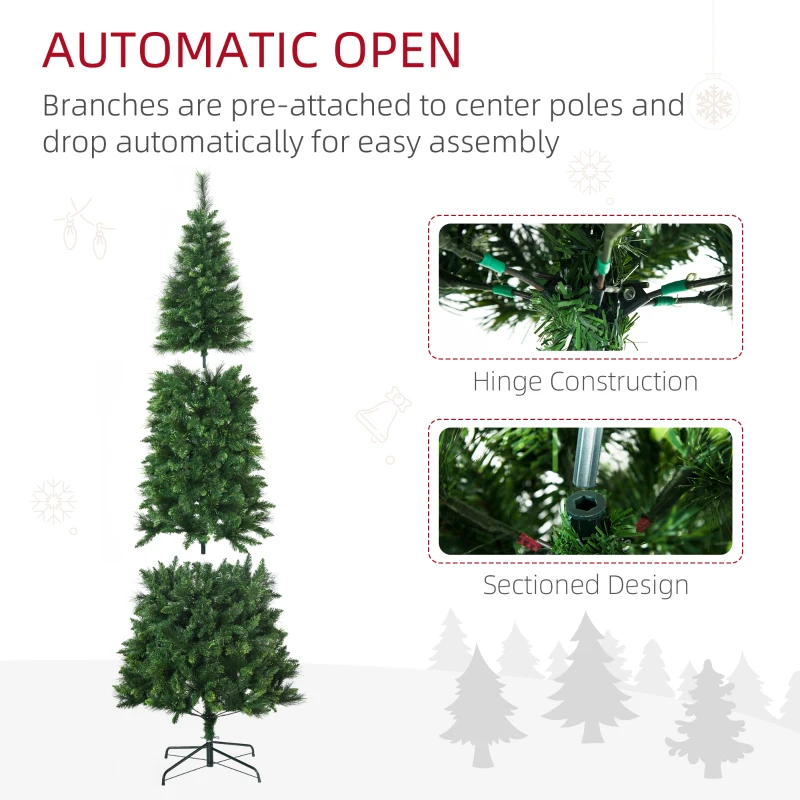 HOMCOM 7.5' Artificial Pencil Christmas Trees, with Auto Open, Steel Base, Pine Needles, for Home Xmas Decoration