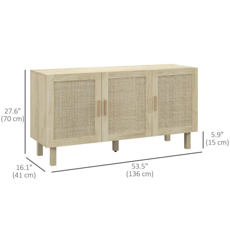 HOMCOM Boho Sideboard Buffet Cabinet with 3 Rattan Doors, Kitchen Cabinet with Adjustable Shelves, Natural