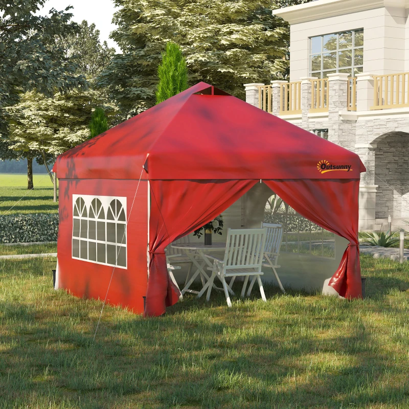 Outsunny 10' x 10' Pop Up Canopy Tent, Instant Sun Shelter, Tents for Parties, with Wheeled Carry Bag, for Outdoor, Garden, Patio, Red