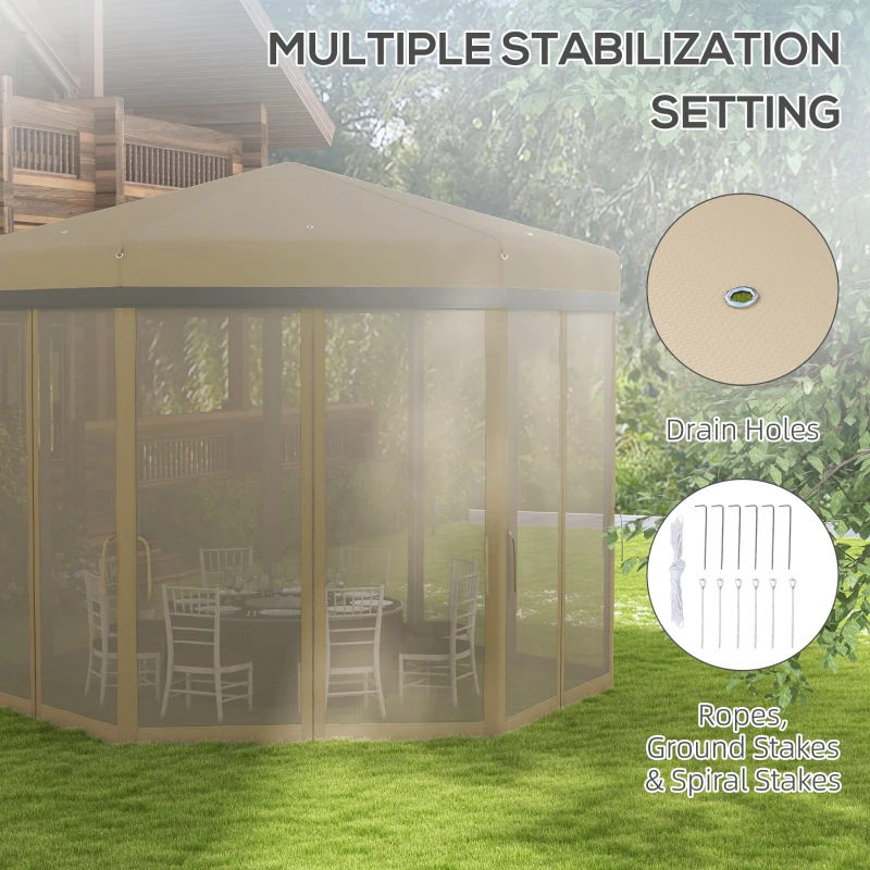 Outsunny 12'x12' Pop Up Canopy, Hexagon Gazebo with Netting, Carry Bag, Height Adjustable Instant Shelter, Khaki