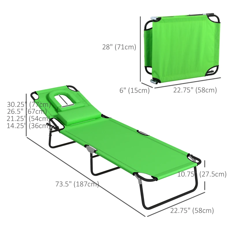 Outsunny 2PCS Adjustable Outdoor Lounge Chair, Garden Folding Chaise Lounge with Face Hole Reclining Tanning Chair Seat, Folding Camping Beach Lounging Bed w/ Head Support Green
