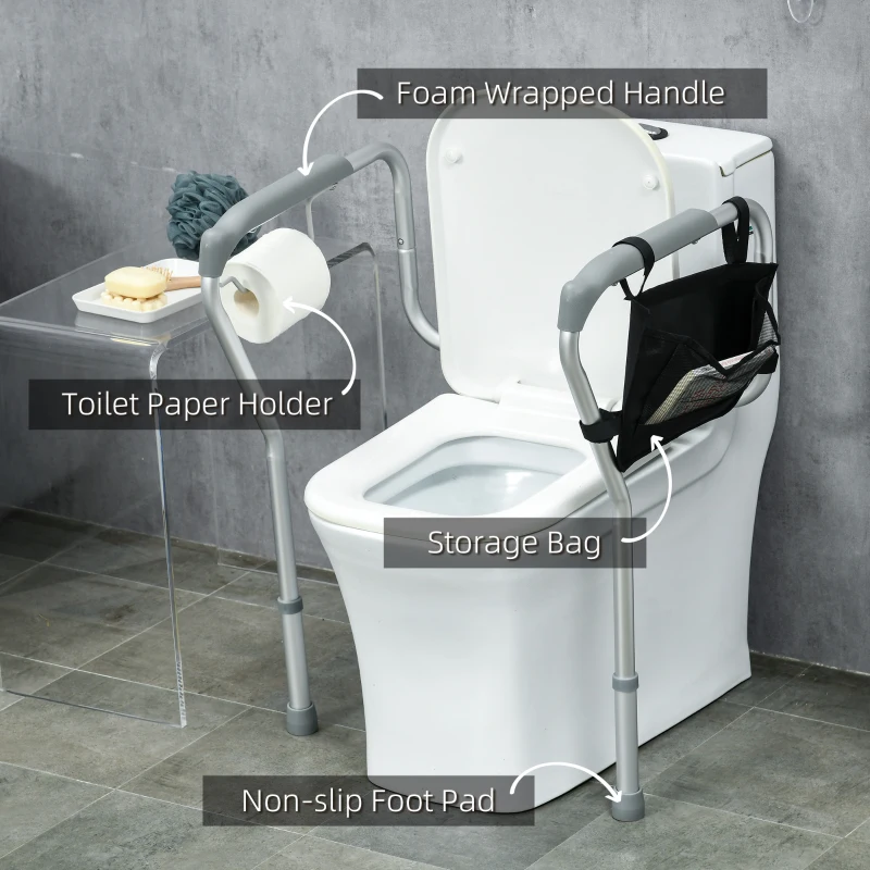 HOMCOM Toilet Safety Rail for Elderly, 300lbs Toilet Safety Frame with Adjustable Height and Width, Storage Pocket, Padded Arms, Assist Grab Bar for Seniors, Easy Installation