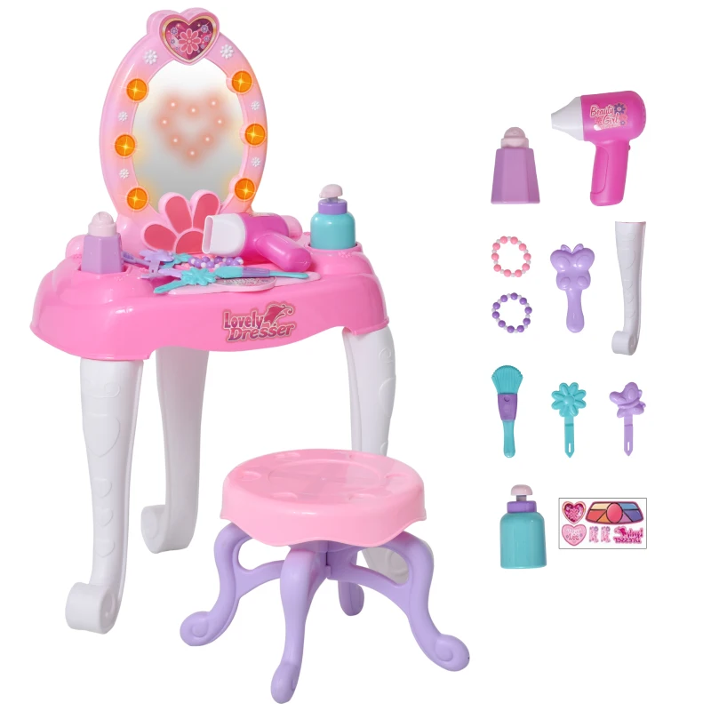 Qaba Kids Vanity Table and Chair Beauty Pretend Play Set with Mirror Lights Sounds & Pretend Beauty Makeup Accessories for Girls 3+ Years Old