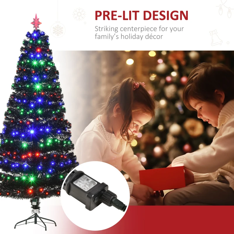 HOMCOM 7ft Prelit Artificial Christmas Tree with LED Lights, Multicolored Fiber Optics and Realistic Branch Tips, Black