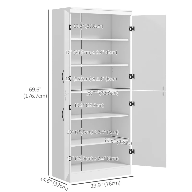 HOMCOM 70" 4-Door Storage Cabinet, Freestanding Pantry Cabinet with Adjustable Shelves for Living Room, White