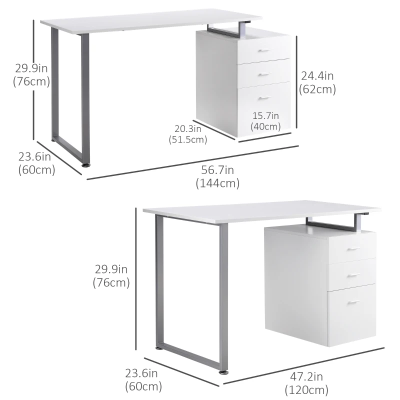 HOMCOM 47" Computer Desk Writing Table Workstation with Multi-Use Reversible File Drawers Metal Frame Home Office Furniture, White