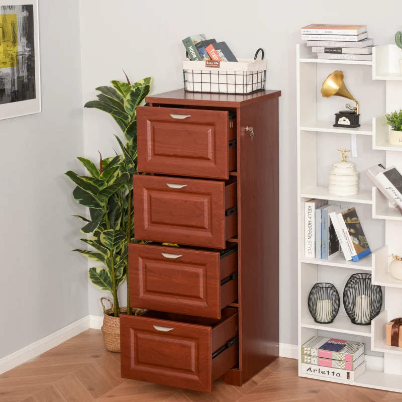 HOMCOM Tall Wooden 4 Drawer Vertical File Cabinet with Enclosed Storage for Letter/Legal Size, File Hangers and Lock, and Key, Dark Brown