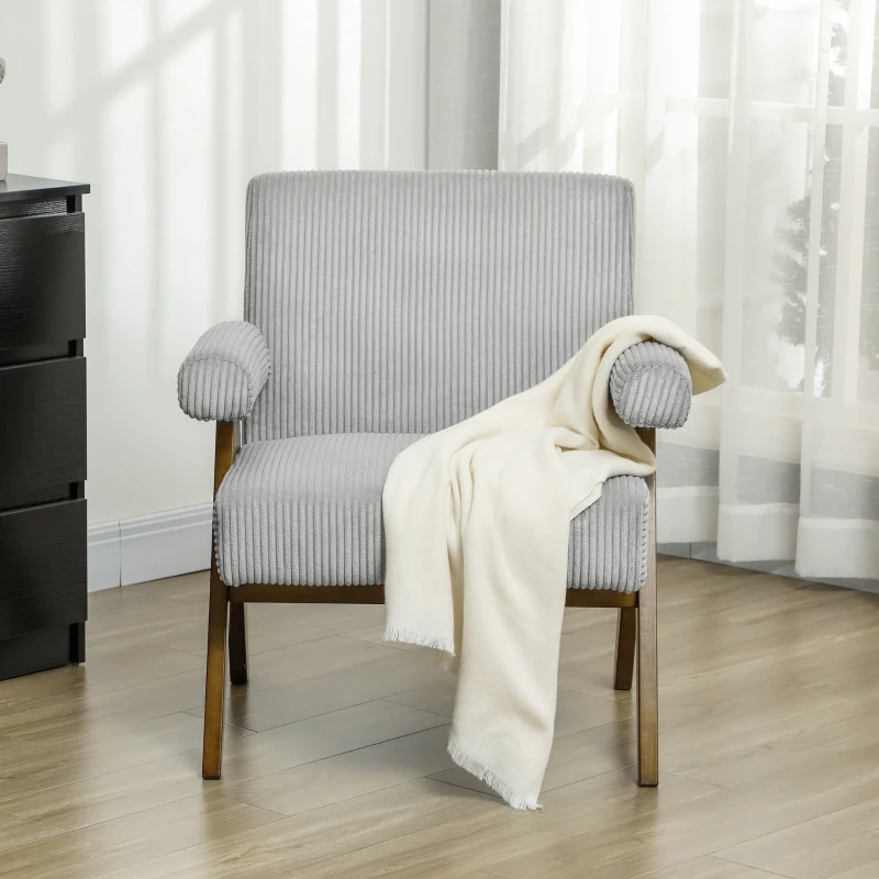 HOMCOM Corduroy Accent Chair Armchair with Wide Seat and Soft Padded Armrests for Reading, Bedroom, Light Grey