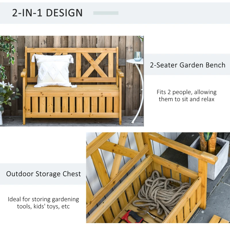 Outsunny Wooden Outdoor Storage Bench 2-Person Patio Bench with Louvered Side Panels and X-Shape Back for Garden, Patio, Yellow