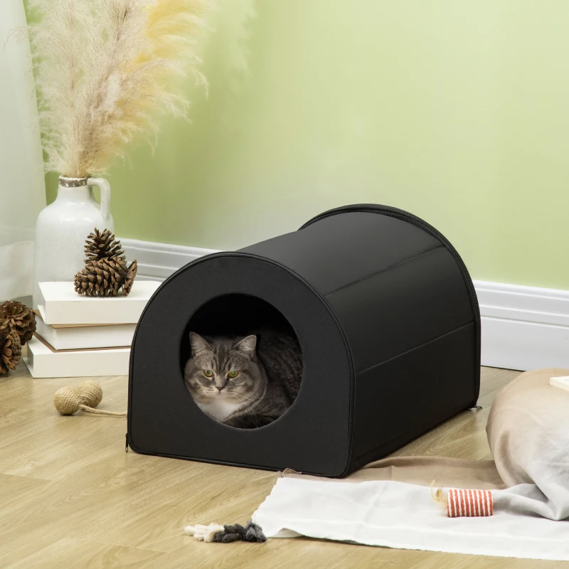 PawHut Dome Heated Cat House Portable and Waterproof Pet Shelter for Kitty in Winter, Black