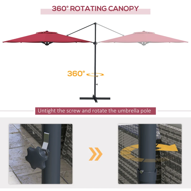 Outsunny 10 FT Cantilever Umbrella, Aluminum Hanging Offset Umbrella with 360°Rotation, Crank, Tilt, Cross Base, Red