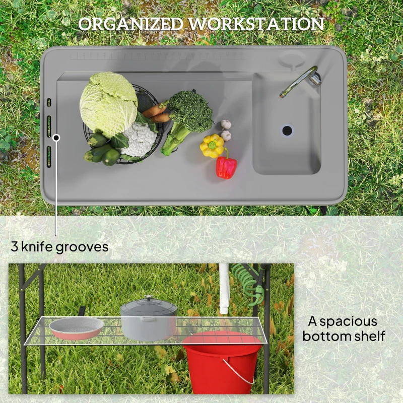 Outsunny Folding Fish Cleaning Table with Sink, Portable Camping Table with Faucet, Drainage Hose, Sprayer and Shelf, Gray