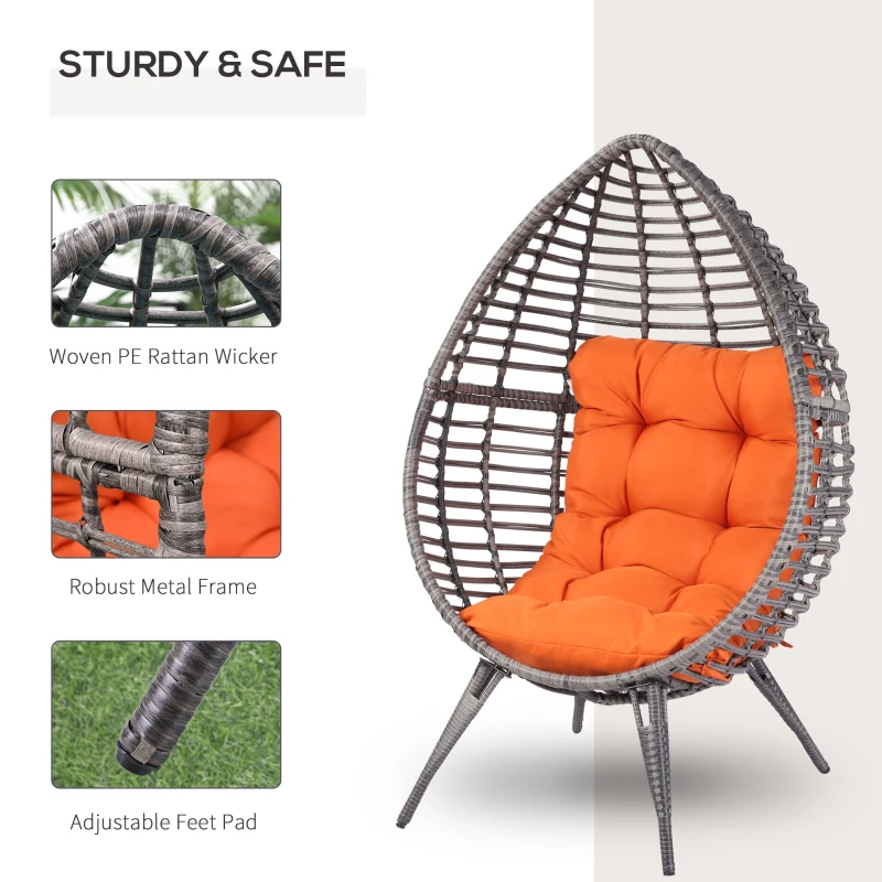 Outsunny Patio Wicker Egg Chair w/ Soft Cushion, Teardrop Cuddle Seat, Outdoor / Indoor Patio Chair, PE Plastic Rattan Furniture with Adjustable Height Feet Pads, Orange