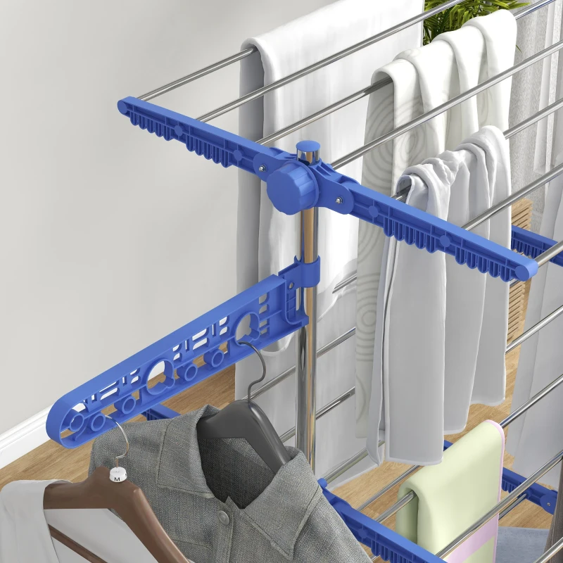 HOMCOM 3-Tier Foldable Clothes Drying Rack, Stainless Steel Laundry Rack with 2 Side Wings and 6 Castors, Collapsible Adjustable Clothes Airer for Indoor Outdoor, Blue