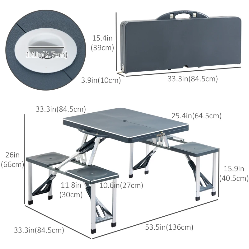 Outsunny Portable Foldable Camping Picnic Table with Seats Chairs and Umbrella Hole, Fold Up Travel Picnic Table, Grey