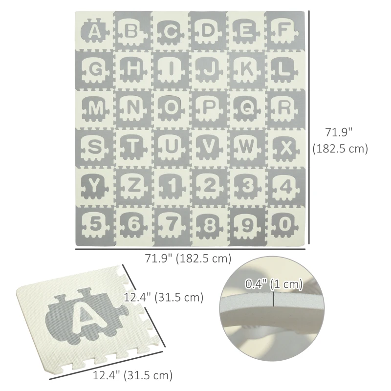 Qaba Kids Foam Puzzle Floor Tiles Baby Toddler Educational Play Mat 36 Pcs 12.5" x 12.5" with Letters and Numbers Anti-slip Crawling Learning 35SqFt EVA