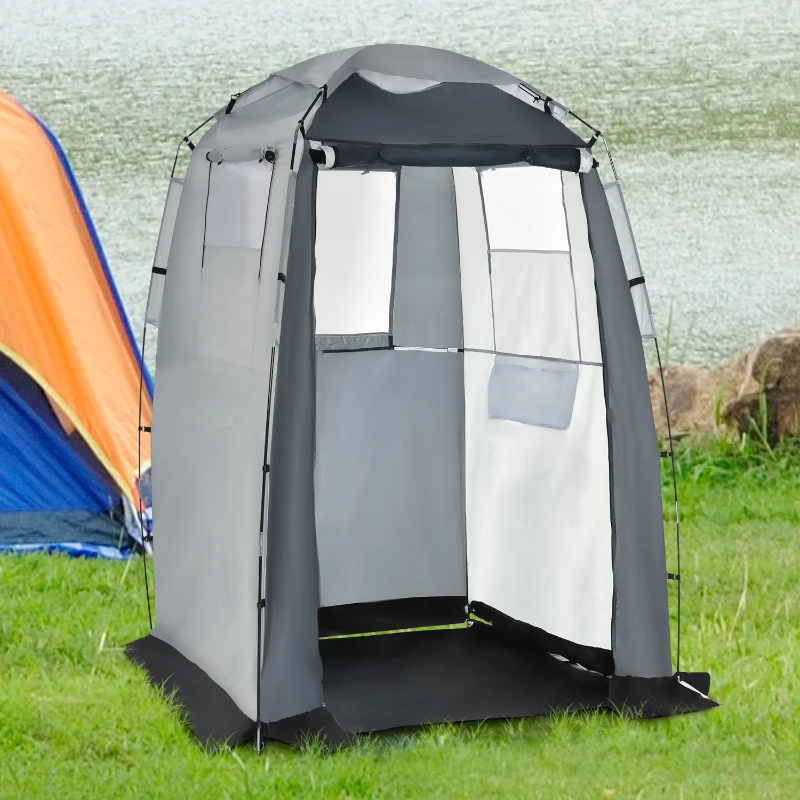 Outsunny 60" x 60" x 82" Shower Tent Extra Wide Changing Room Privacy Portable Camping Shelters with Windows & Floor Mat, Black & White