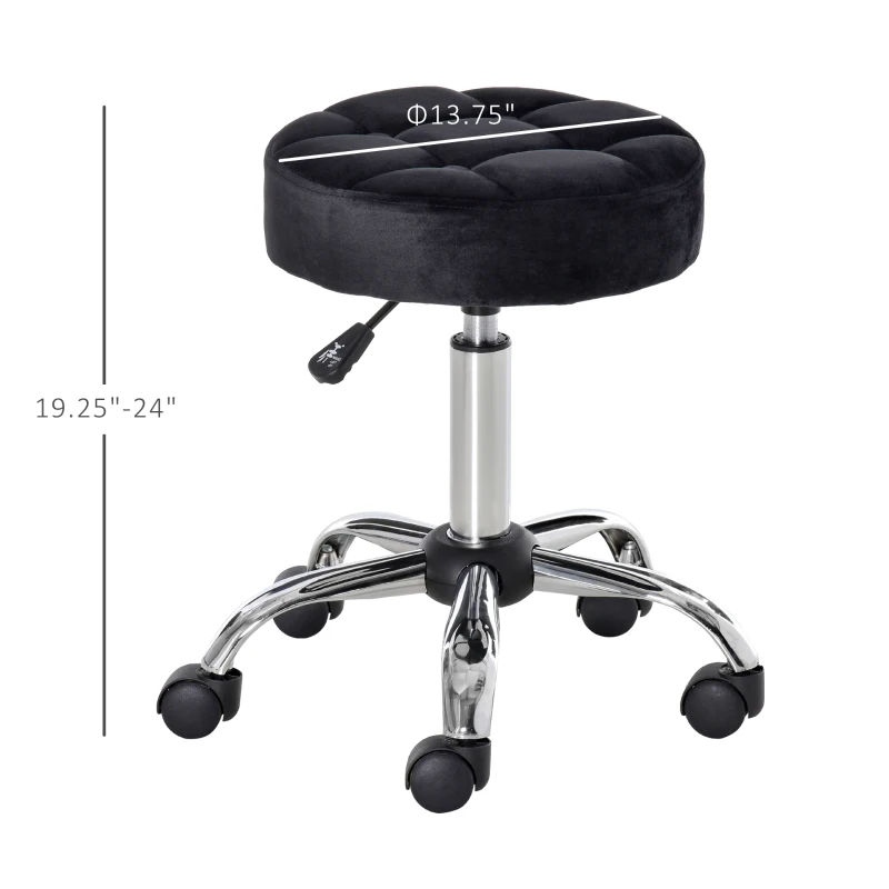 HOMCOM Round Rolling Stool with Height Adjustable Lift, Vanity Chair with Luxury Style Upholstery, Office Chair with Swivel Seat and Wheels for Work Spa Salon, Black