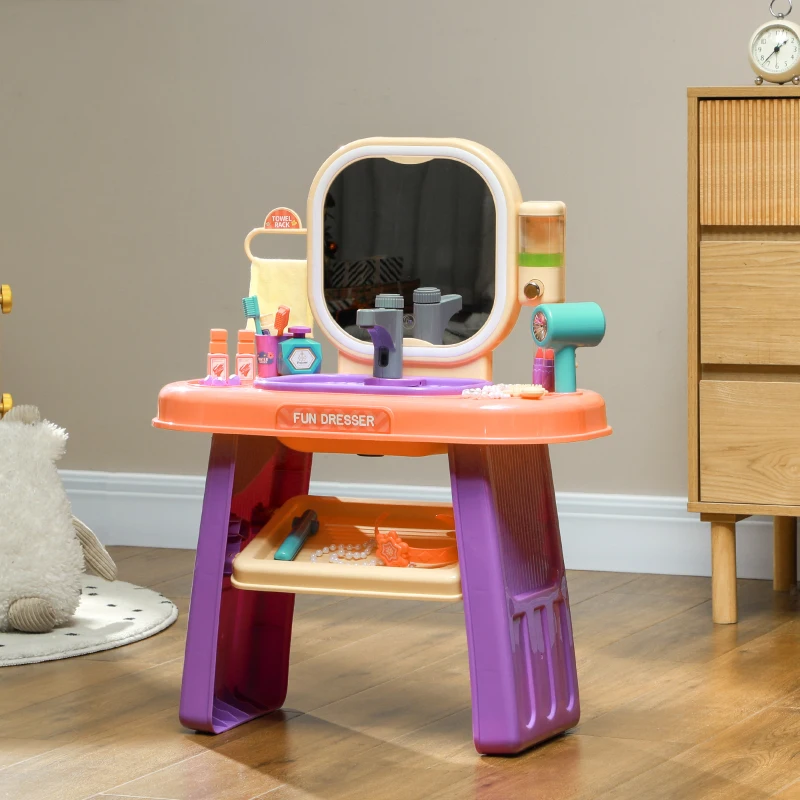 Qaba Kids Vanity Set with Mirror, LED Light, Music, 23 Accessories, Pretend Play Set for Girls 3-6 Years, Purple