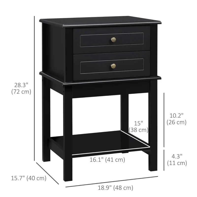 HOMCOM Modern Sofa Side Table, Accent End Table with Drawers and Storage Shelf, Nightstand for Bedroom Living Room, Black