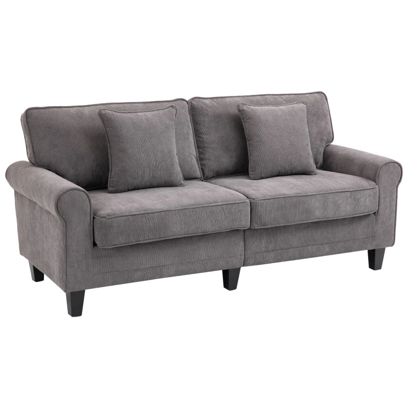 HOMCOM Modern 3 Seater Sofa, Corduroy Fabric 3 Seater Couch with Pine Wood Legs and Rolled Armrests for Living Room, Light Grey