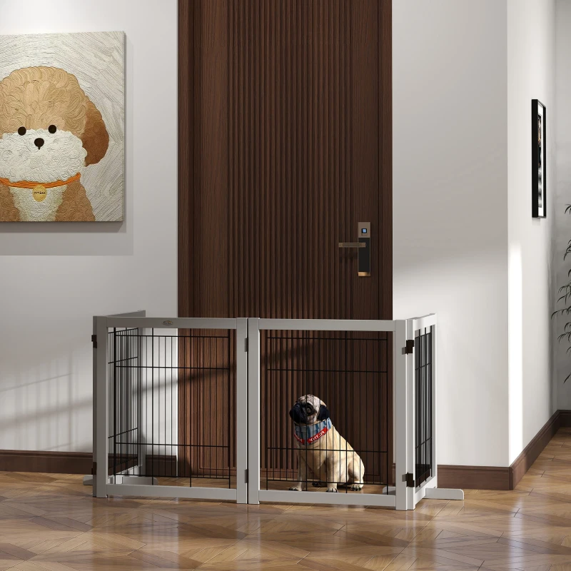 PawHut Wooden Dog Gate for Small & Medium Dogs 4 Panel w/ Support Feet Foldable Pet Fence for House Doorway Light Grey