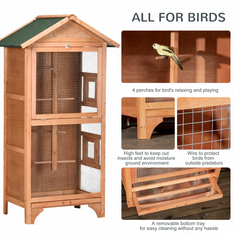 PawHut Wooden Bird Aviary Parrot Cage Pet Furniture with Removable Bottom Tray, 2 Doors, Asphalt Roof, 4 Perches, Orange
